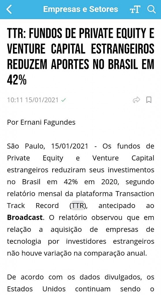 TTR: Fundos de private equity e venture capital estrangeiros reduzem aportes no Brasil em 42%